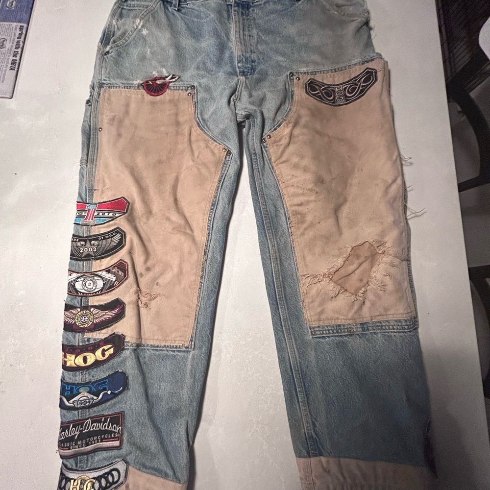 Custom Harley Davidson Carhartt Pants With Rare Patches And Canvas Work-UNIQUE